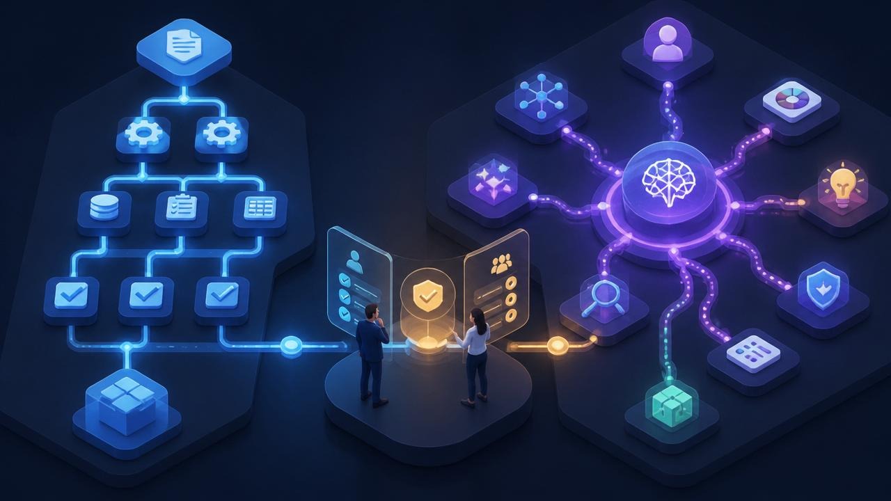 Workflow automation reasoning compared with an adaptive AI agent decision system