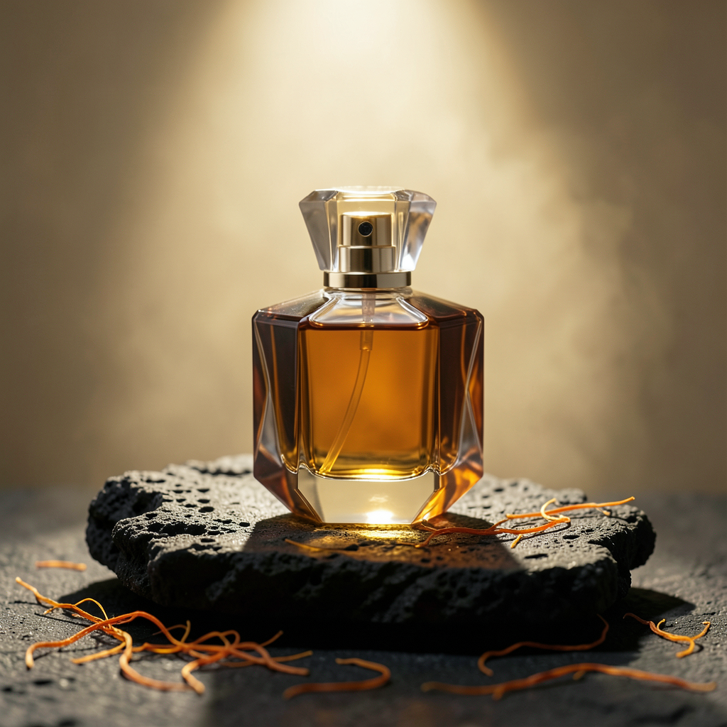 Luxury amber perfume bottle ad generated with FLUX.2 Klein 4B