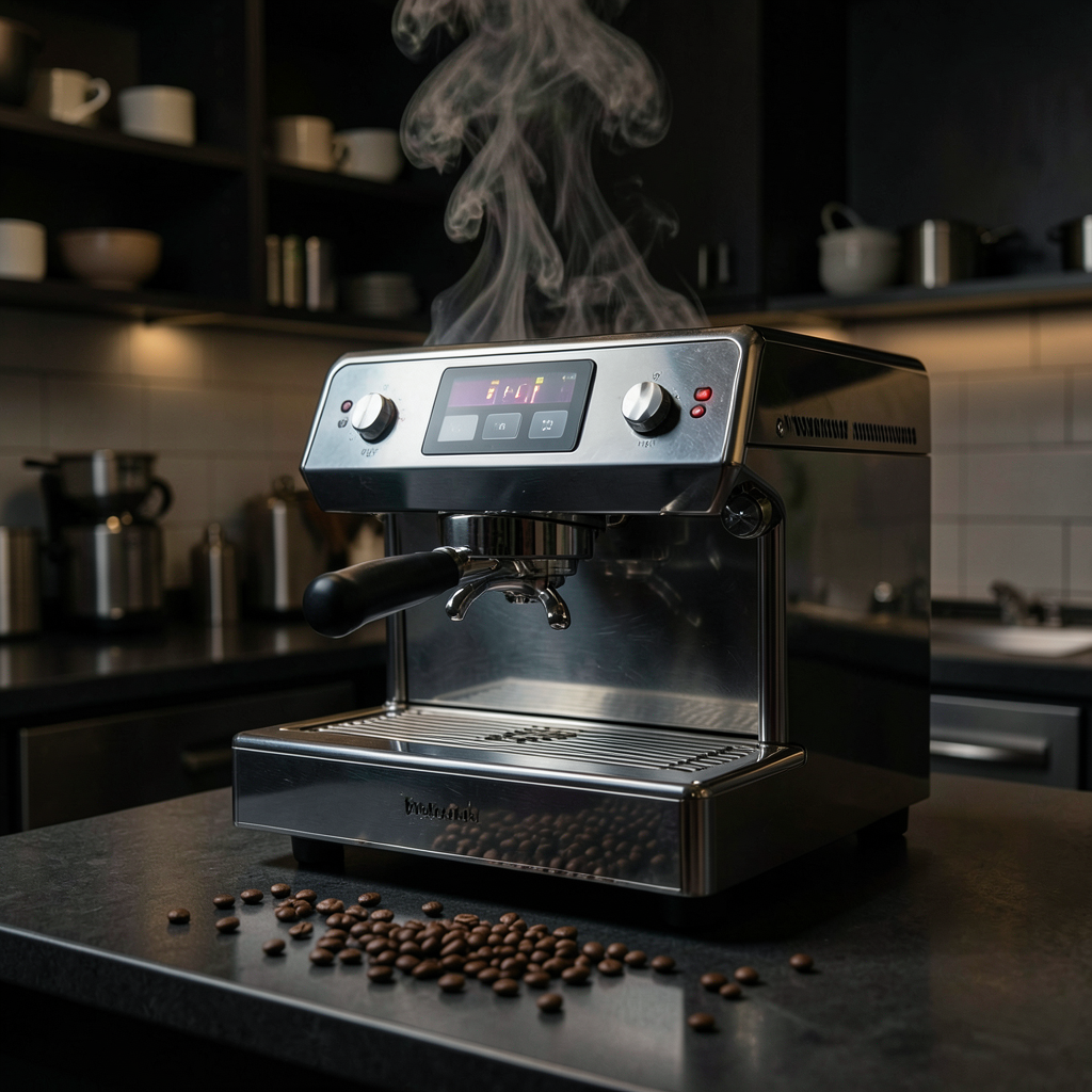 Chrome espresso machine campaign image generated with FLUX.2 Klein 4B