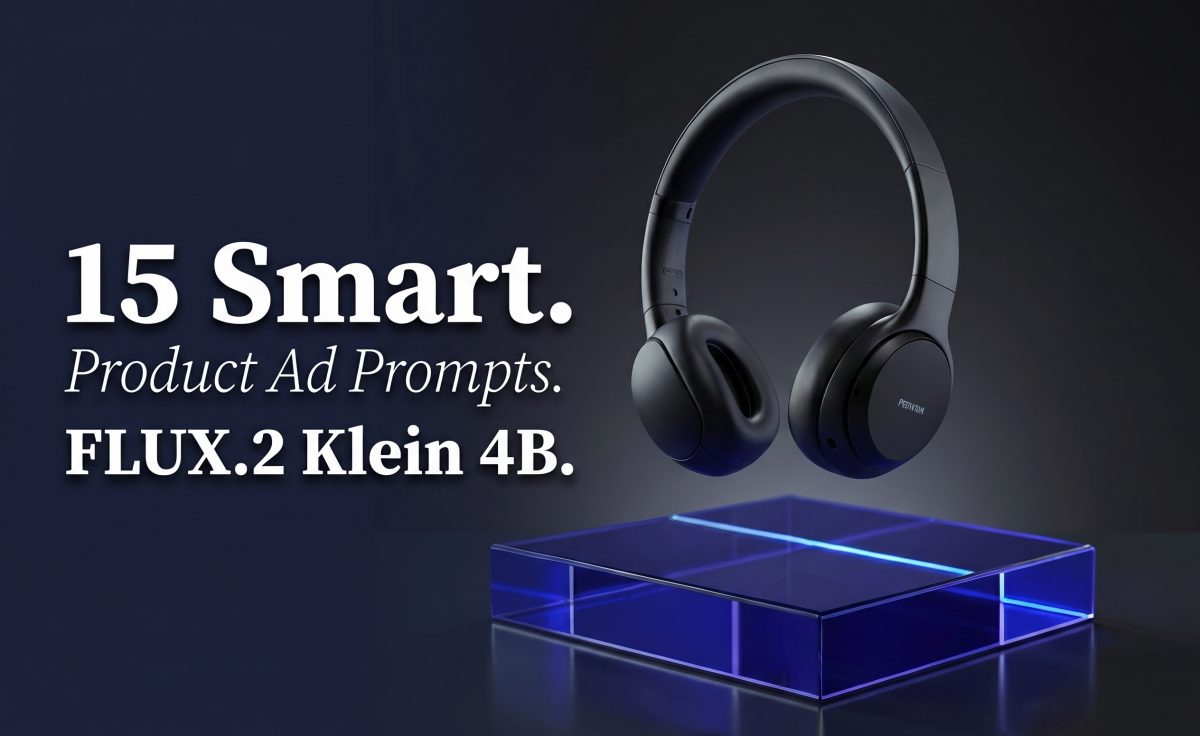 FLUX.2 Klein 4B product ads prompt guide cover with matte black headphones