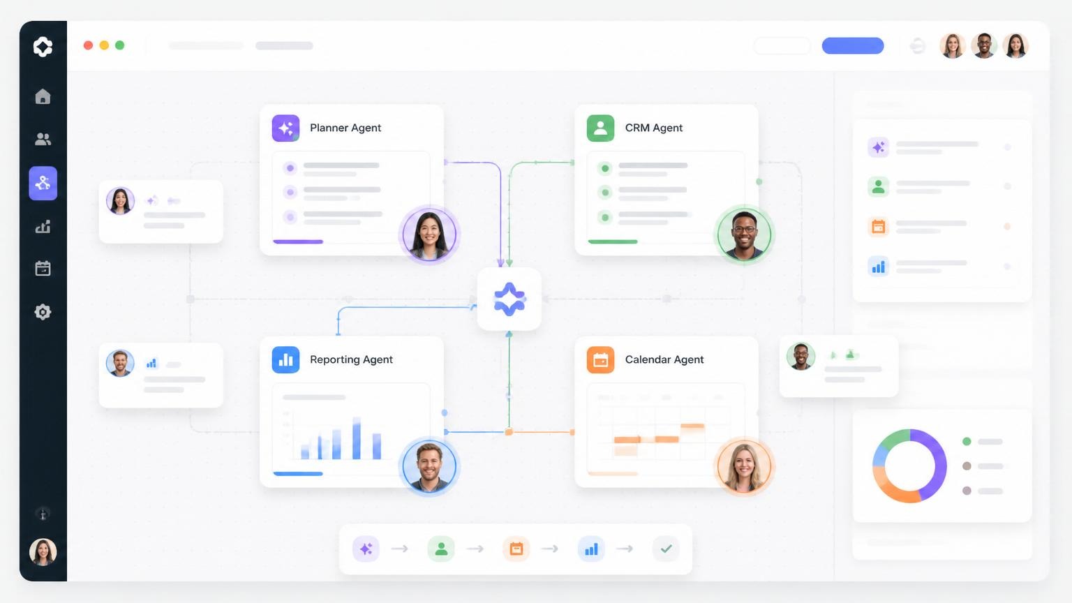 Multi-agent workflows with planner, CRM, reporting, and QA agents