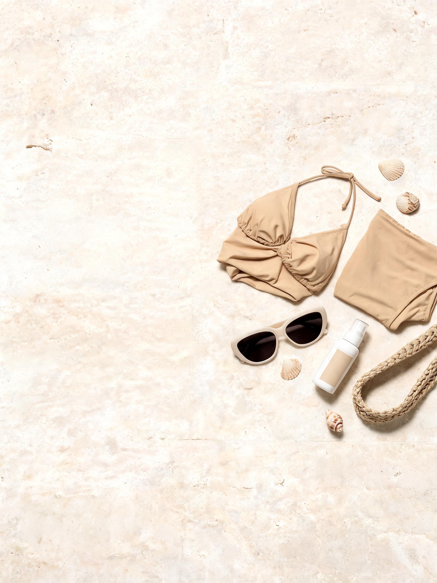 Swimwear product marketing prompt flat lay sale layout