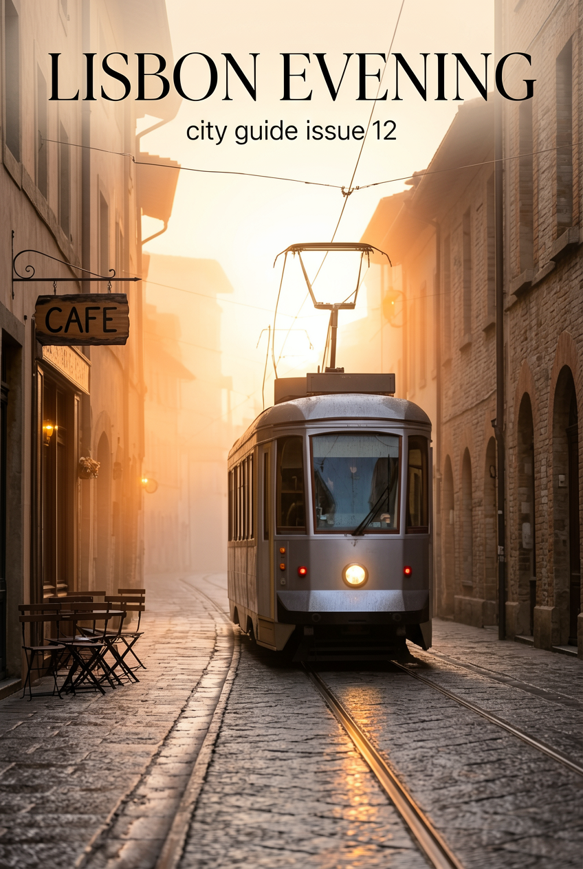 ERNIE-Image editorial travel cover showing a tram in a misty street with clean title placement