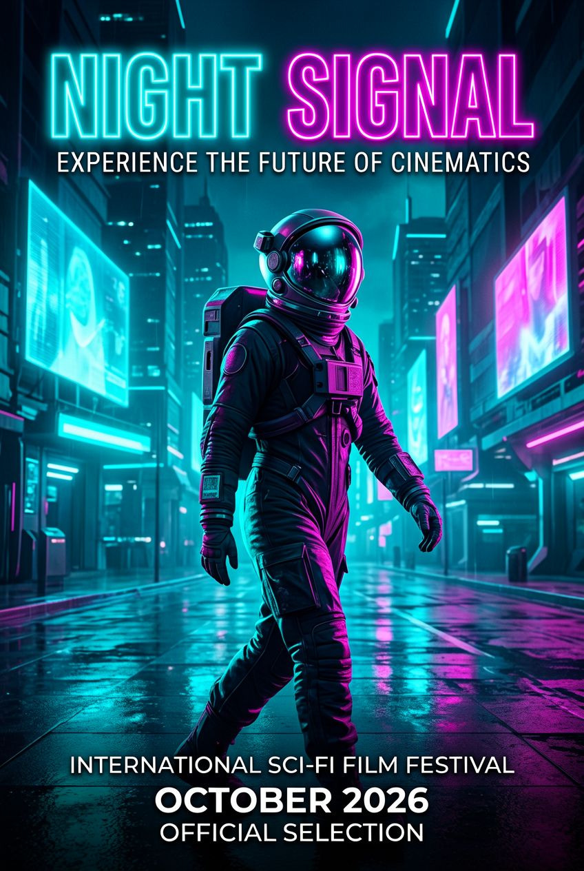ERNIE-Image review cinematic poster test with astronaut on a neon street and bold title