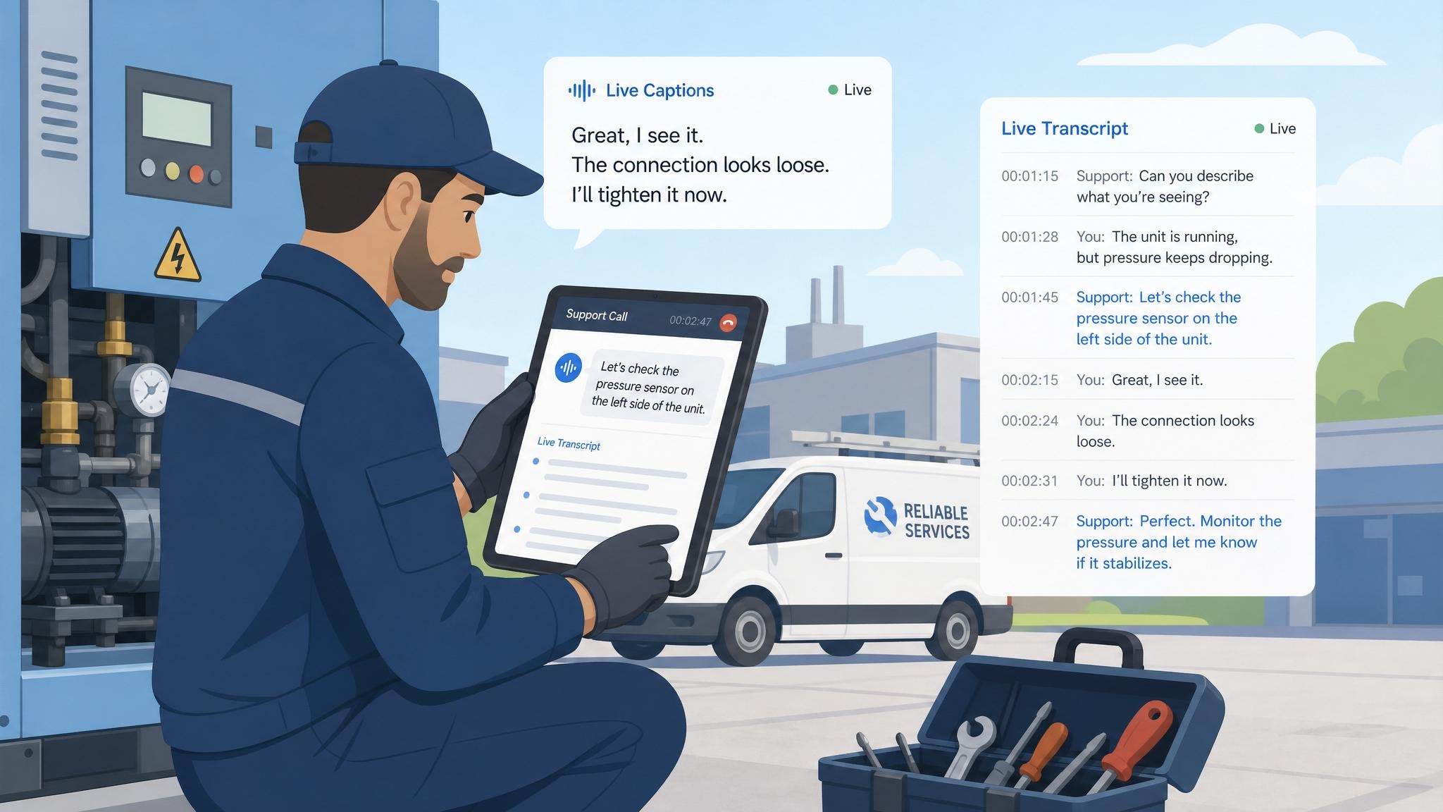 realtime speech to text on a field repair support call