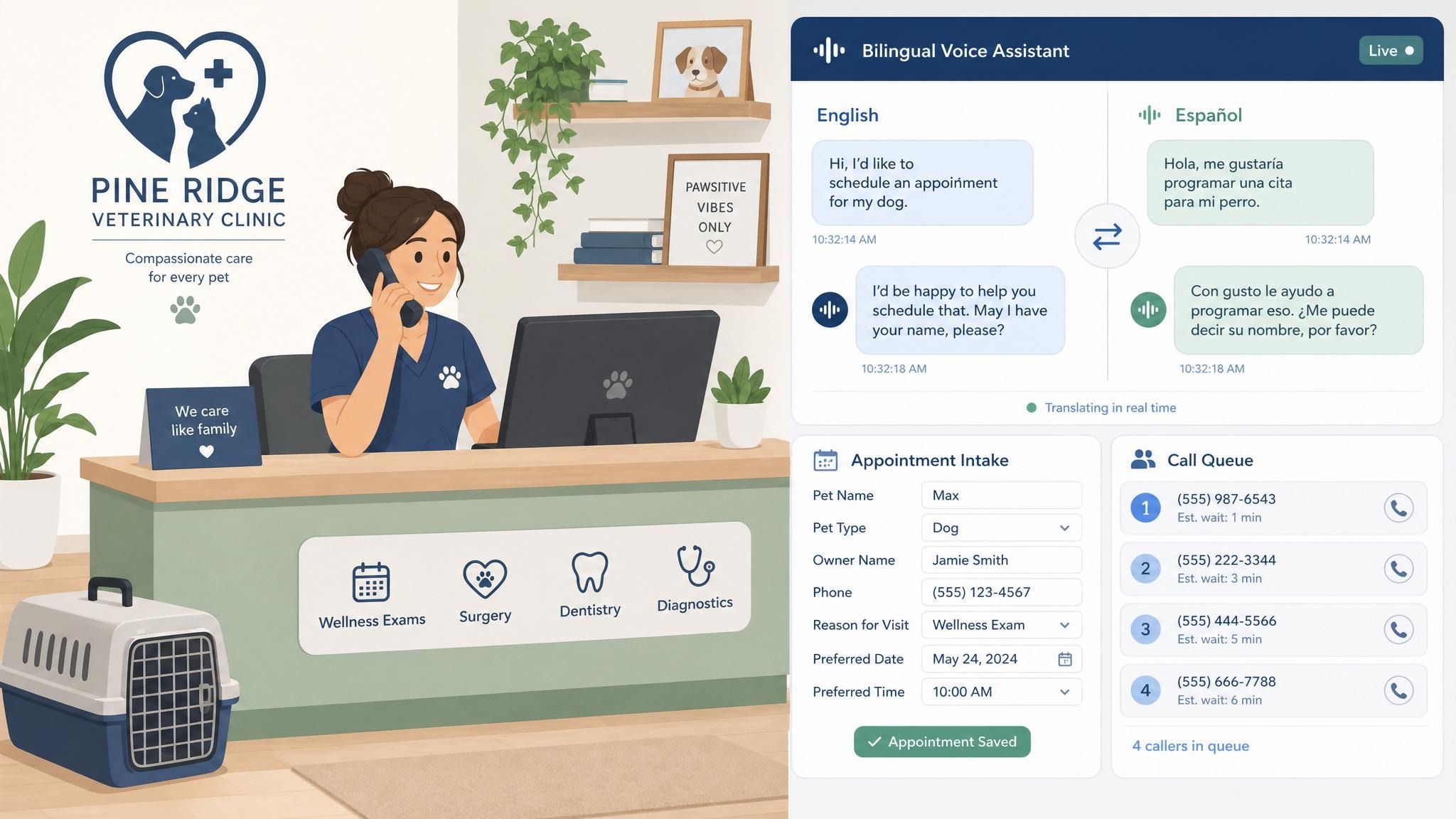 realtime voice conversation at a veterinary clinic front desk