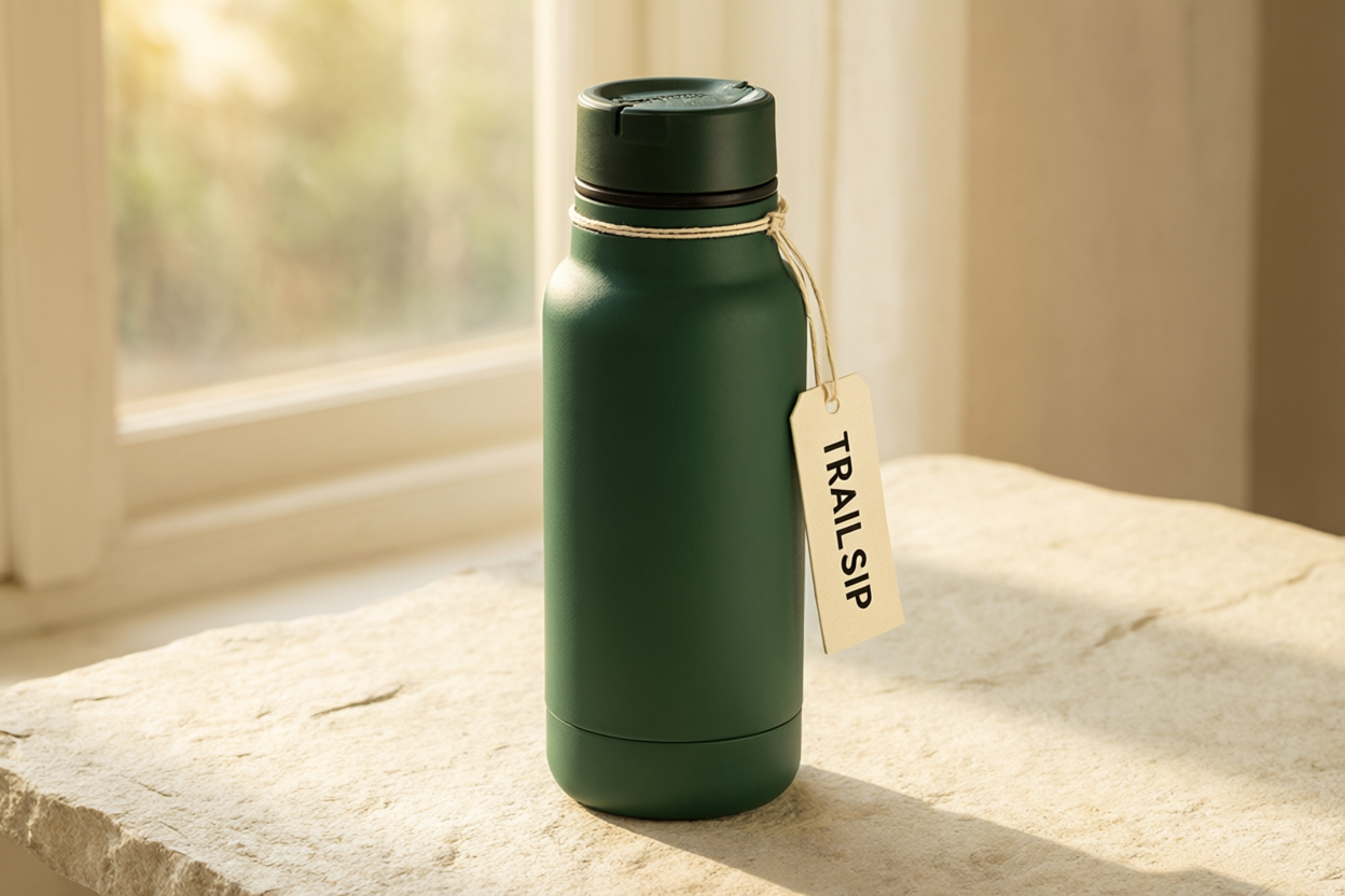 Best AI agents for ecommerce teams test: Qwen catalog hero for a green Trail Sip mug