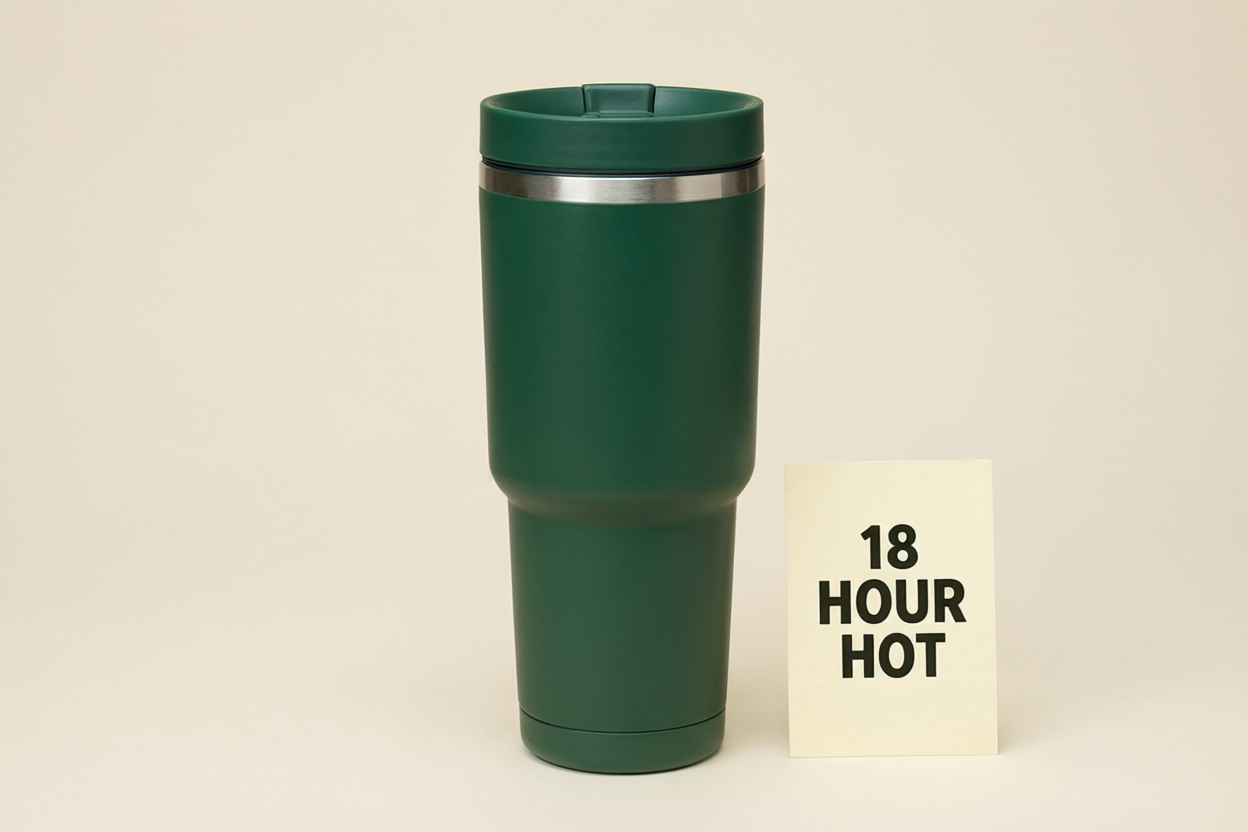 Qwen Image listing visual test for a green Trail Sip mug with a text label